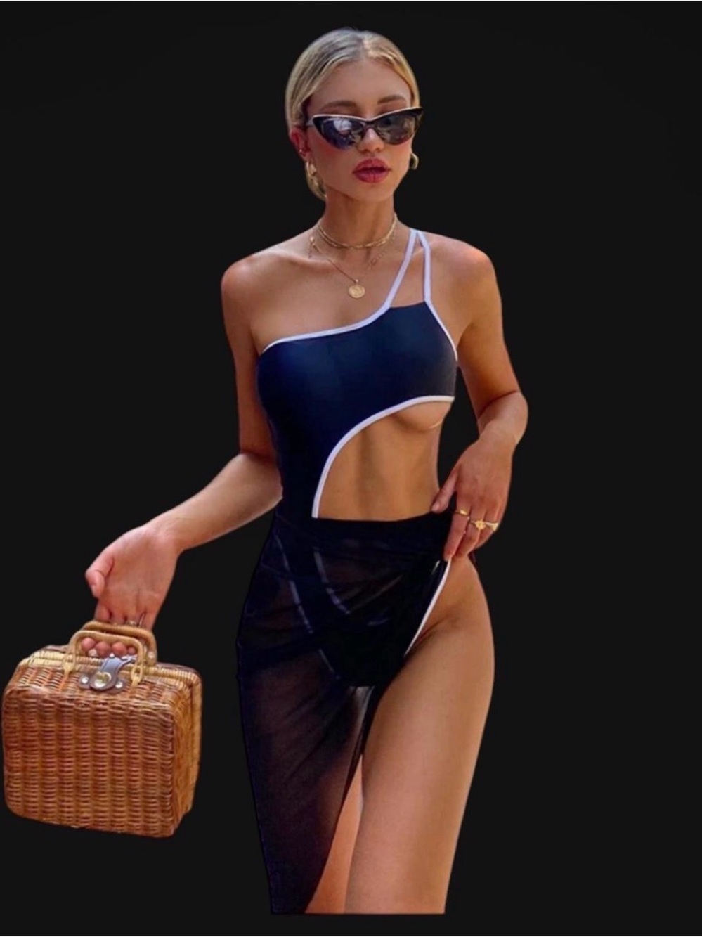 BYTYMY Black One Shoulder Cutout White piping Sexy Monokini